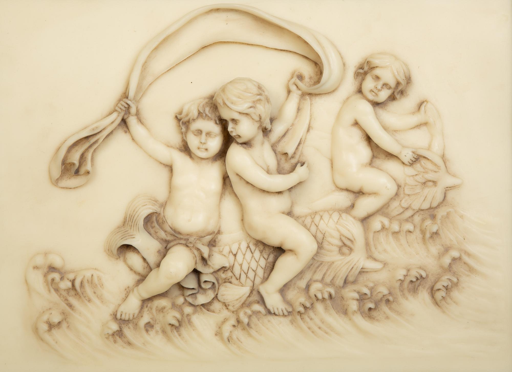Four Faux Marble Resin Bas Relief Panels of Putti and Classical Figures