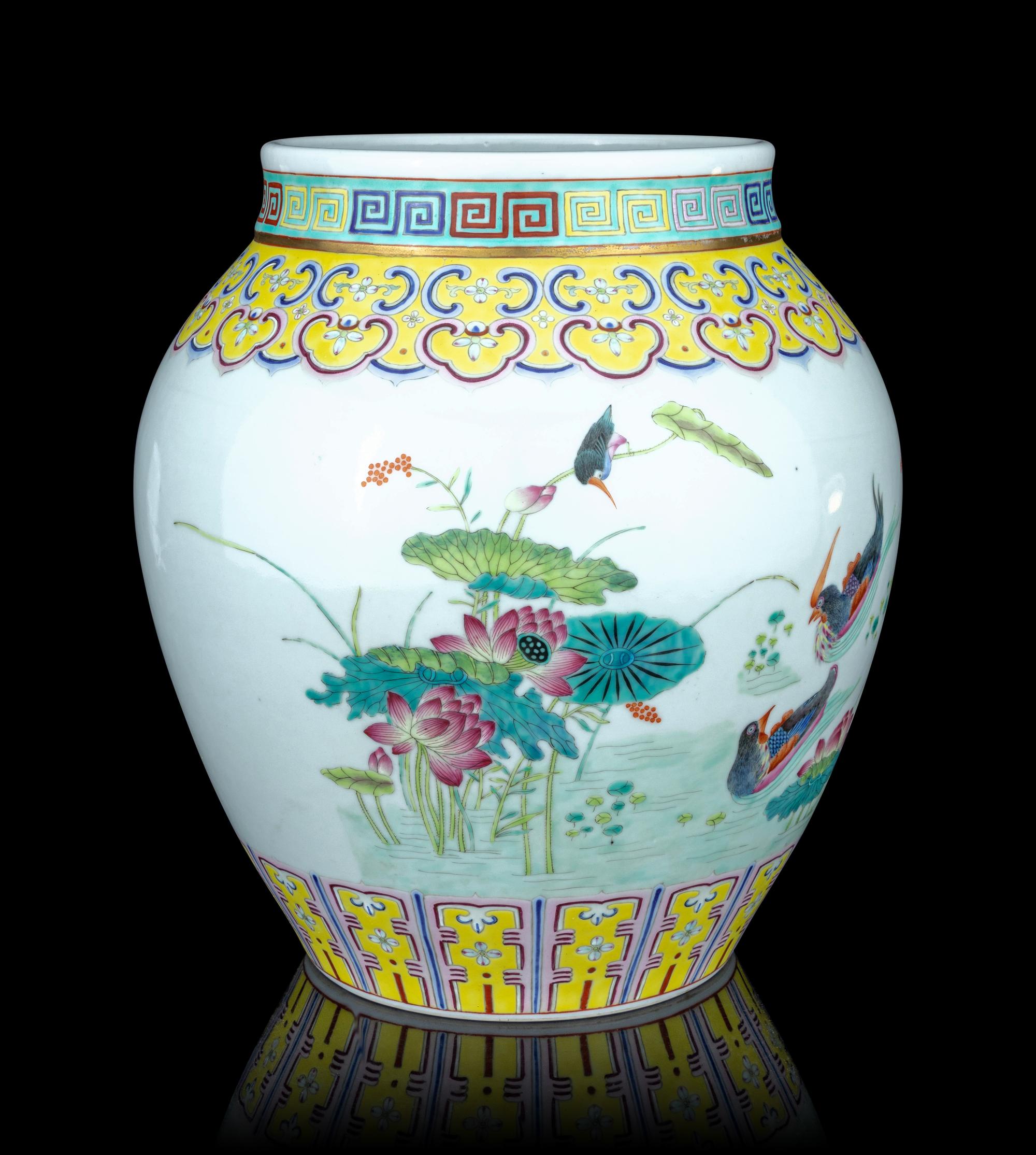A Large Famille Rose Porcelain 'Mandarin Duck' Jar