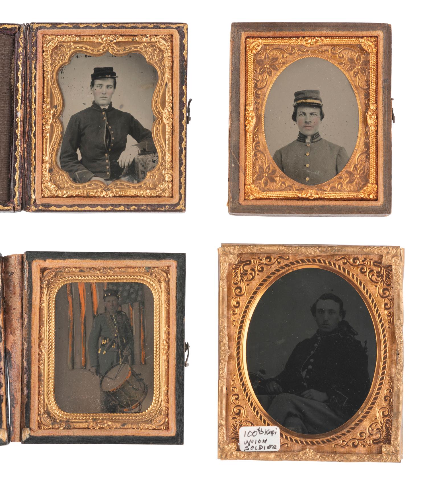 [CIVIL WAR]. 4 cased images feat. soldiers in various state jackets, incl. hand-tinted flag image.