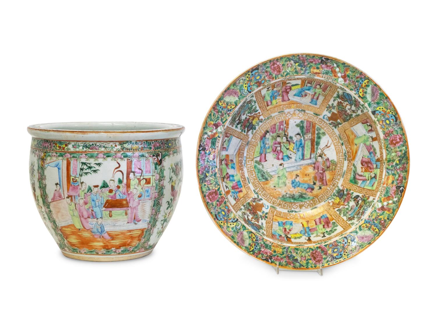 A Large Chinese Export Rose Medallion Porcelain Punch Bowl and Jardinière