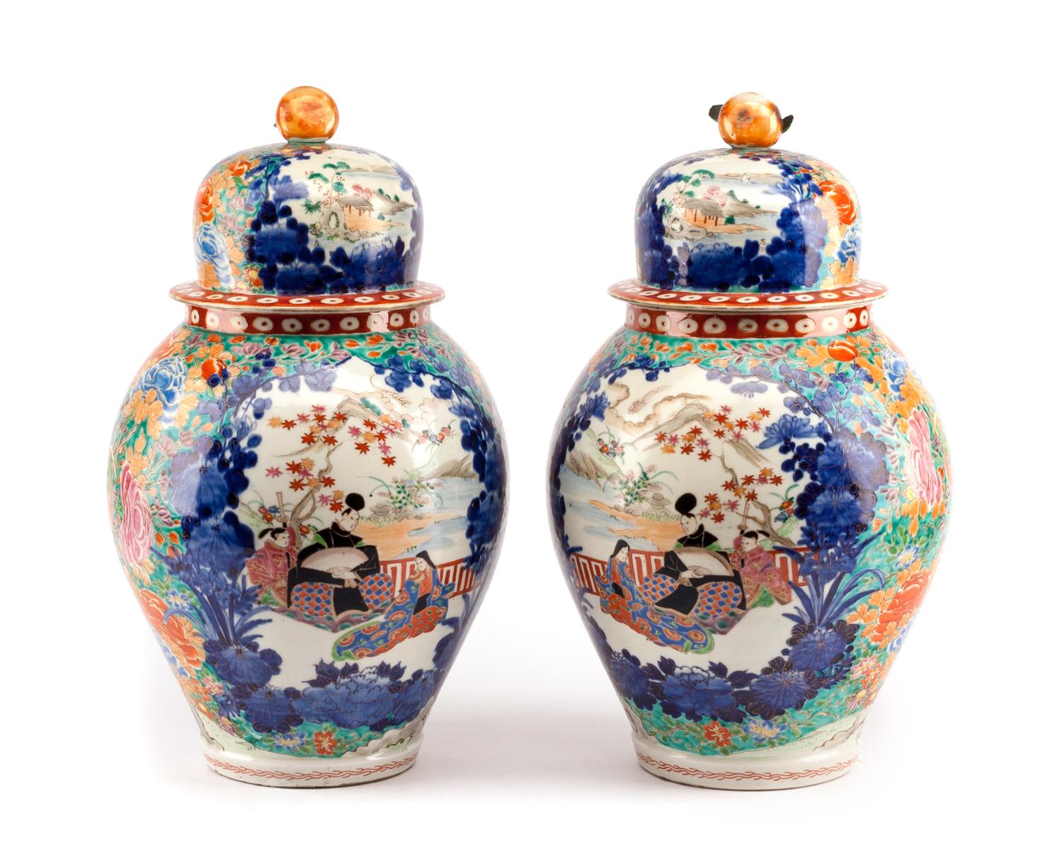 A Pair of Japanese Kutani Porcelain Covered Jars Height 18 inches.