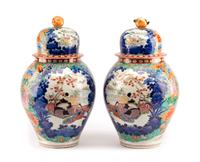 A Pair of Japanese Kutani Porcelain Covered Jars Height 18 inches.