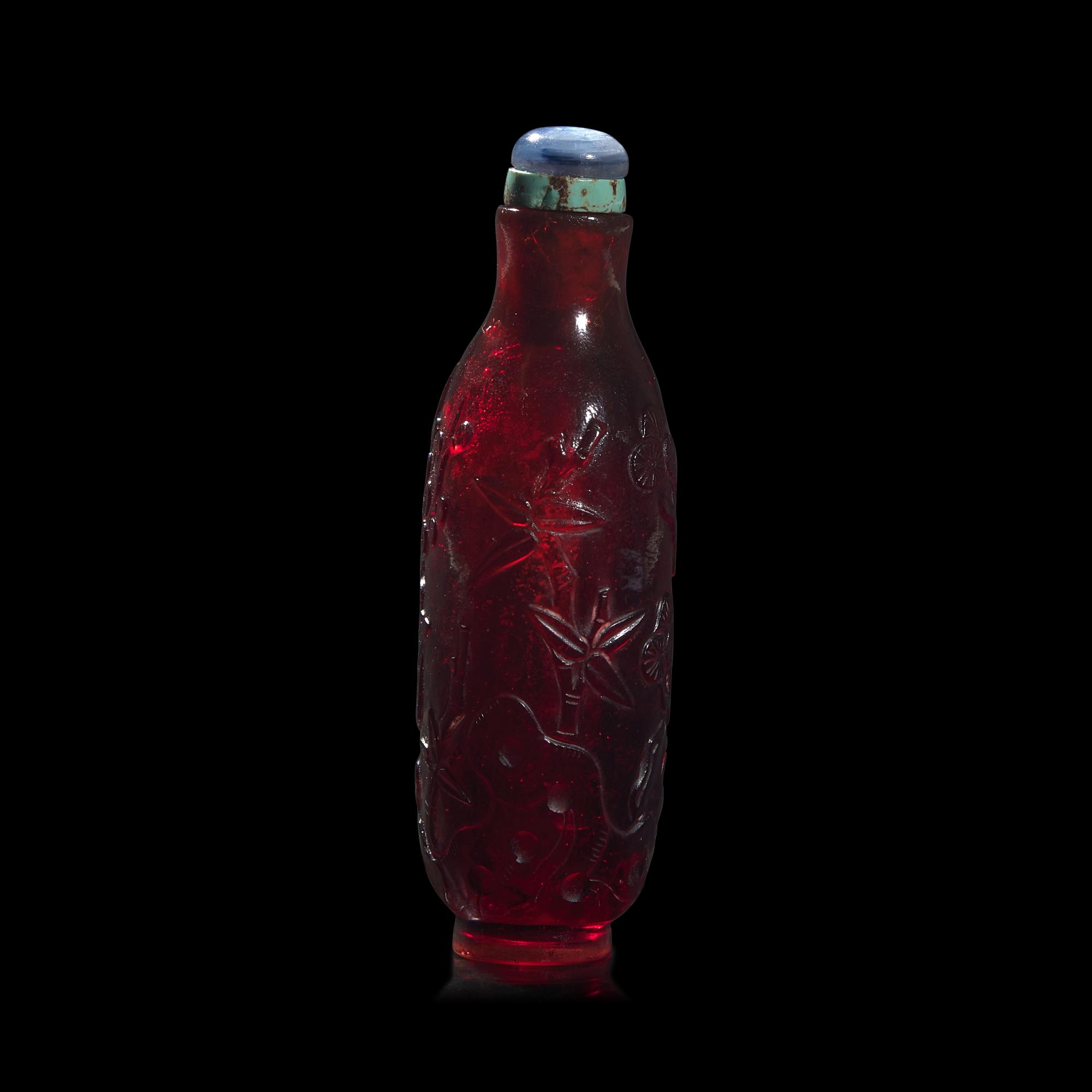 A Chinese Carved Ruby Glass Snuff Bottle, Probably Imperial Workshop, 18th Century