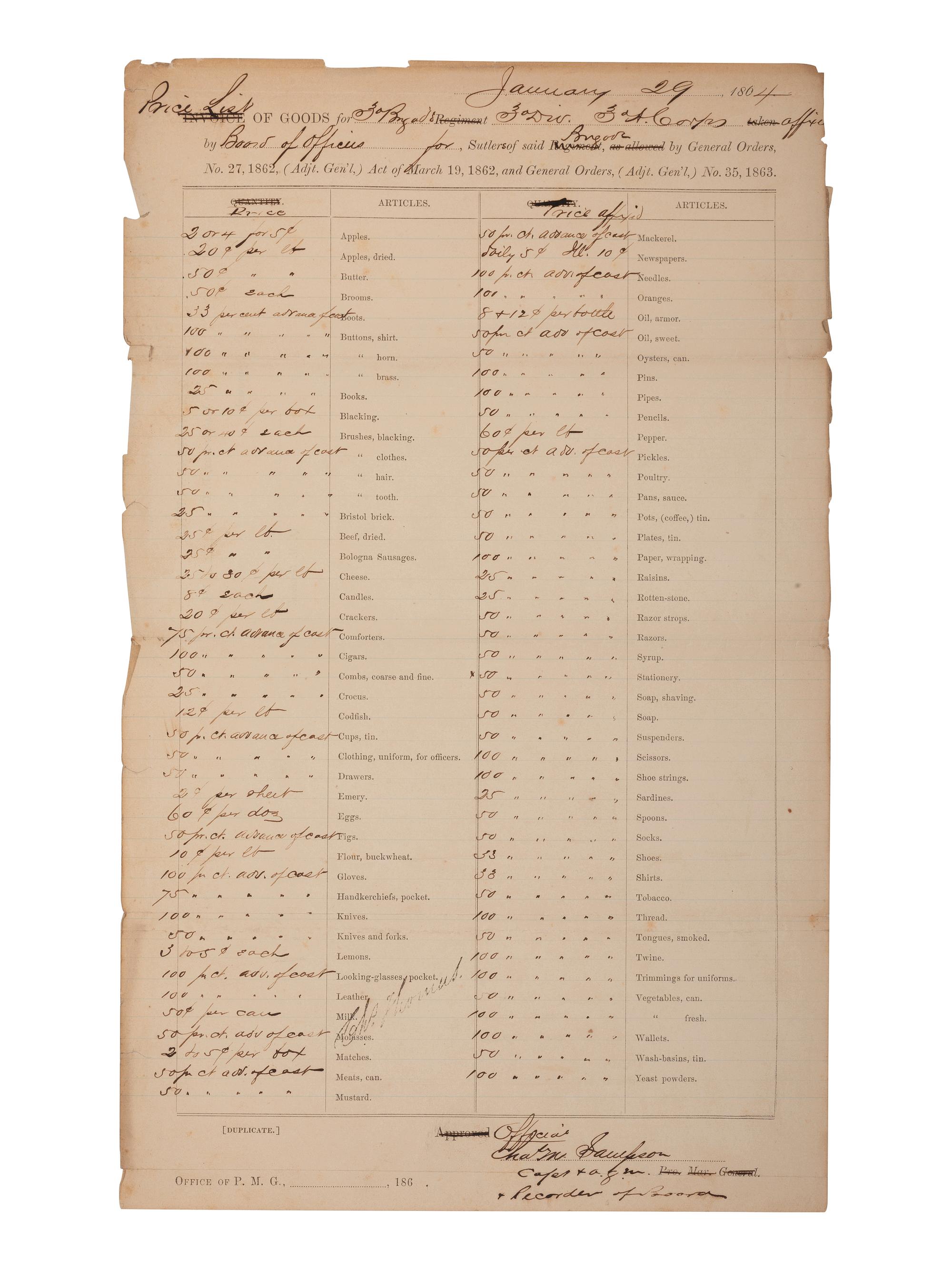 Civil War Sutler James L. Jones, 1st Massachusetts Volunteers. Signed CDV and price list.