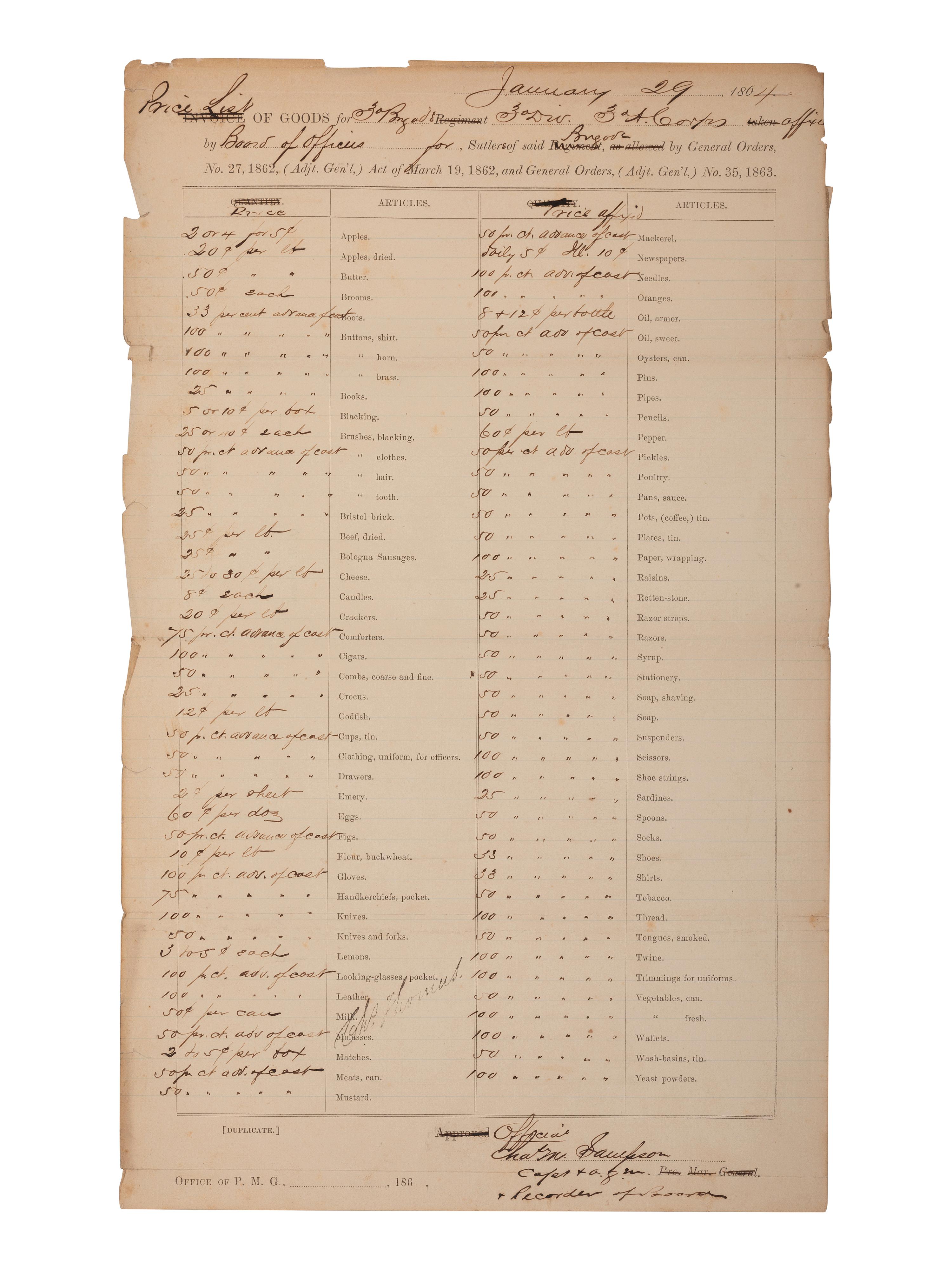 Civil War Sutler James L. Jones, 1st Massachusetts Volunteers. Signed CDV and price list.