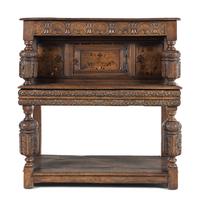 A Jacobean Style Oak and Marquetry Court Cupboard