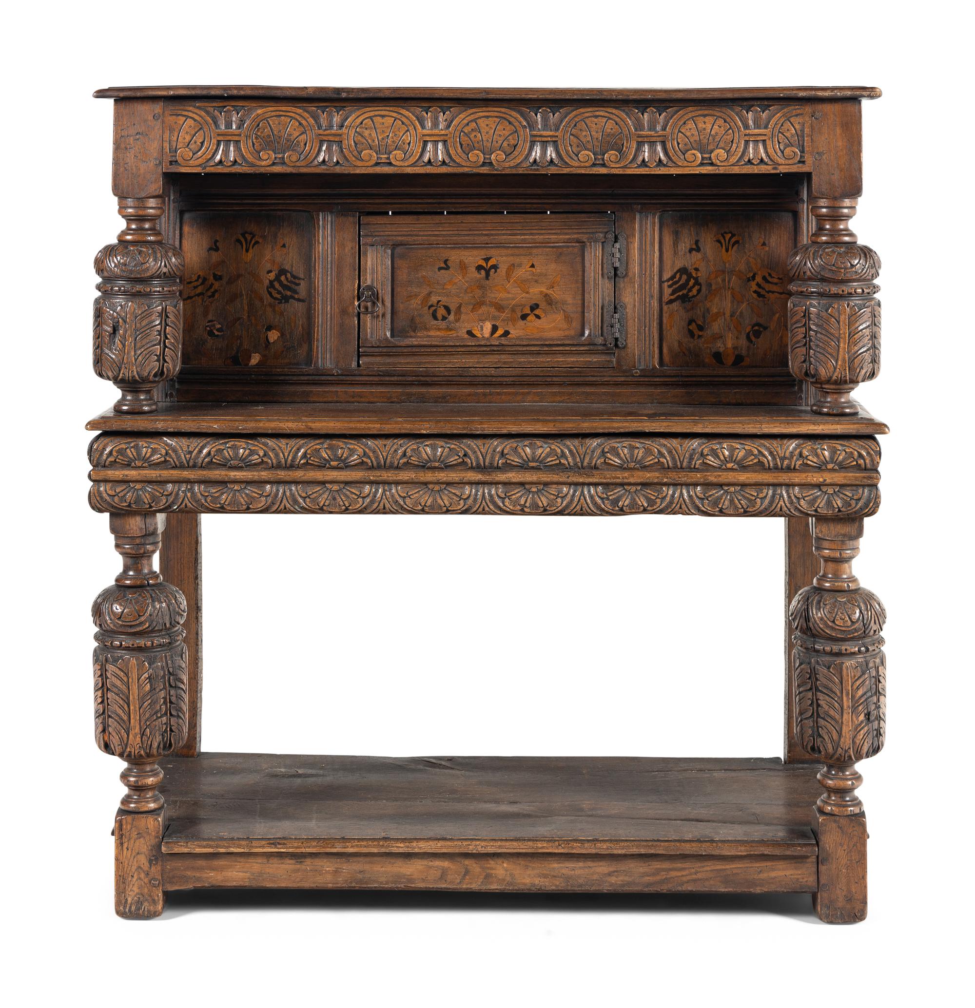 A Jacobean Style Oak and Marquetry Court Cupboard