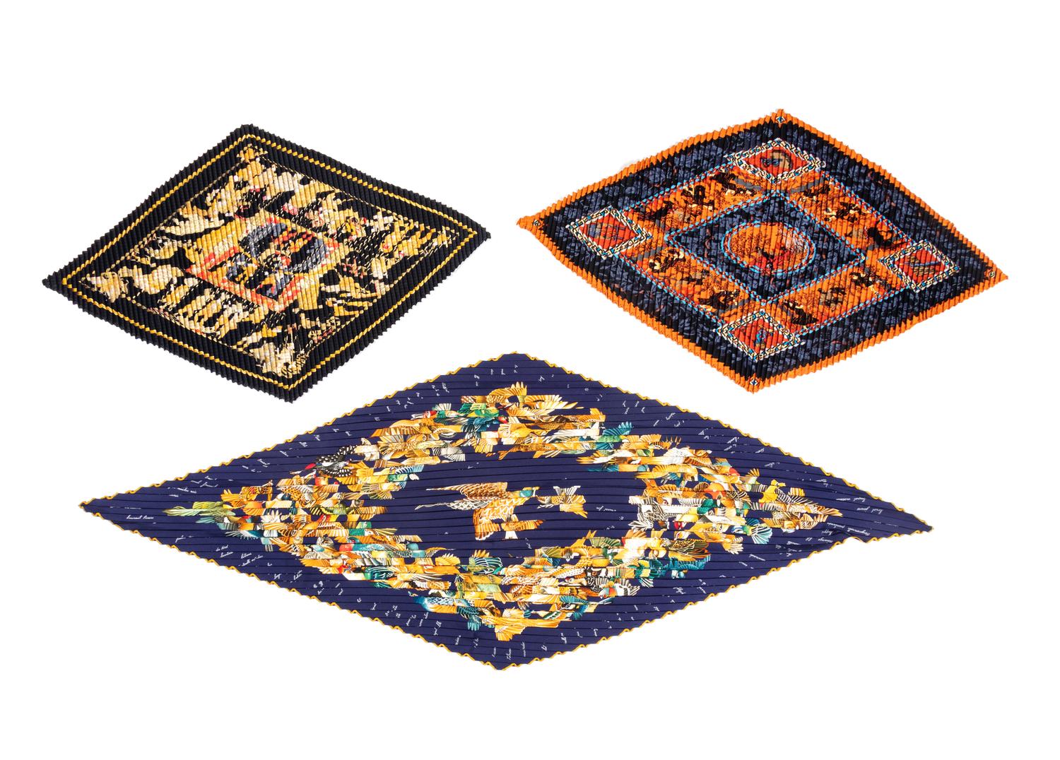 Three Hermès Double Pleated Silk Scarves