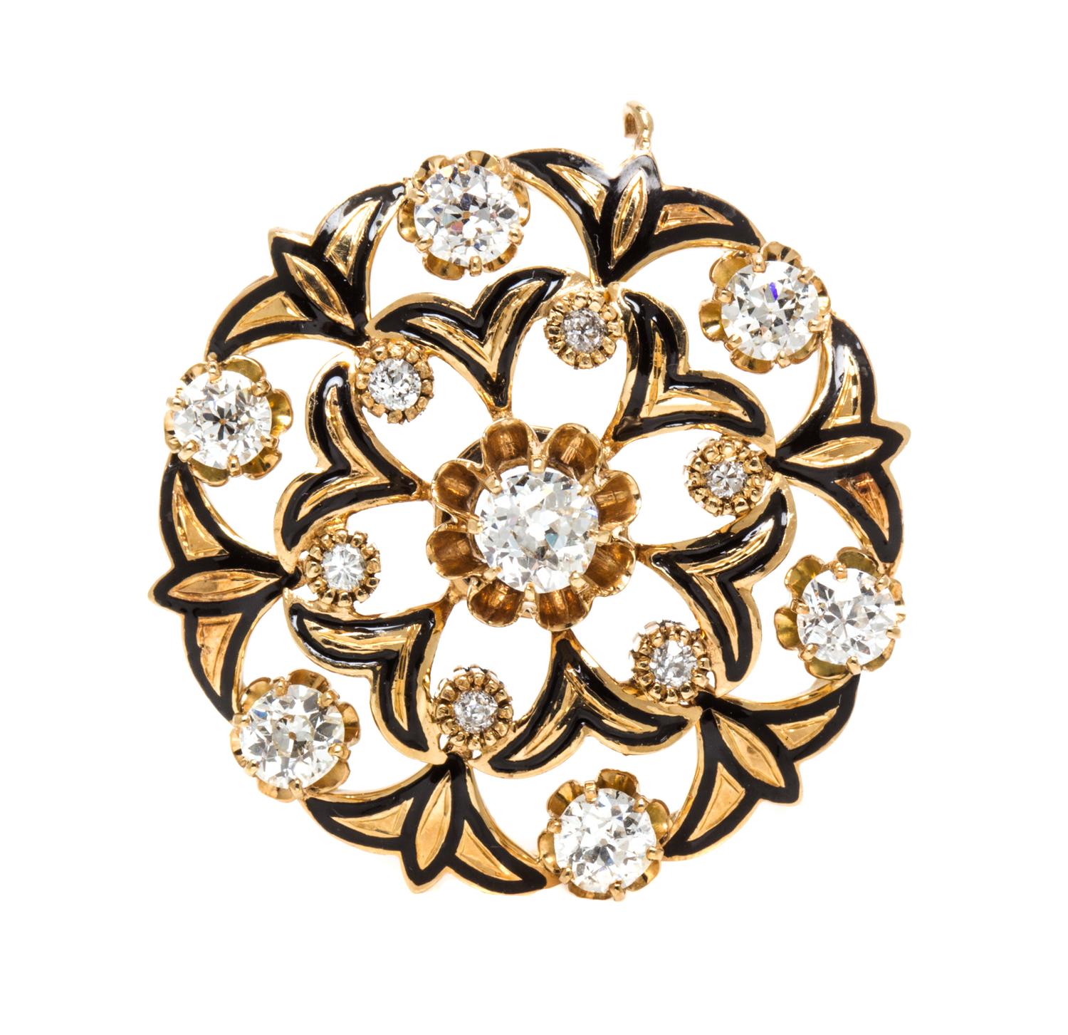 A Victorian 14 Karat Yellow Gold Diamond and Enamel Brooch, 8.50 dwts.
