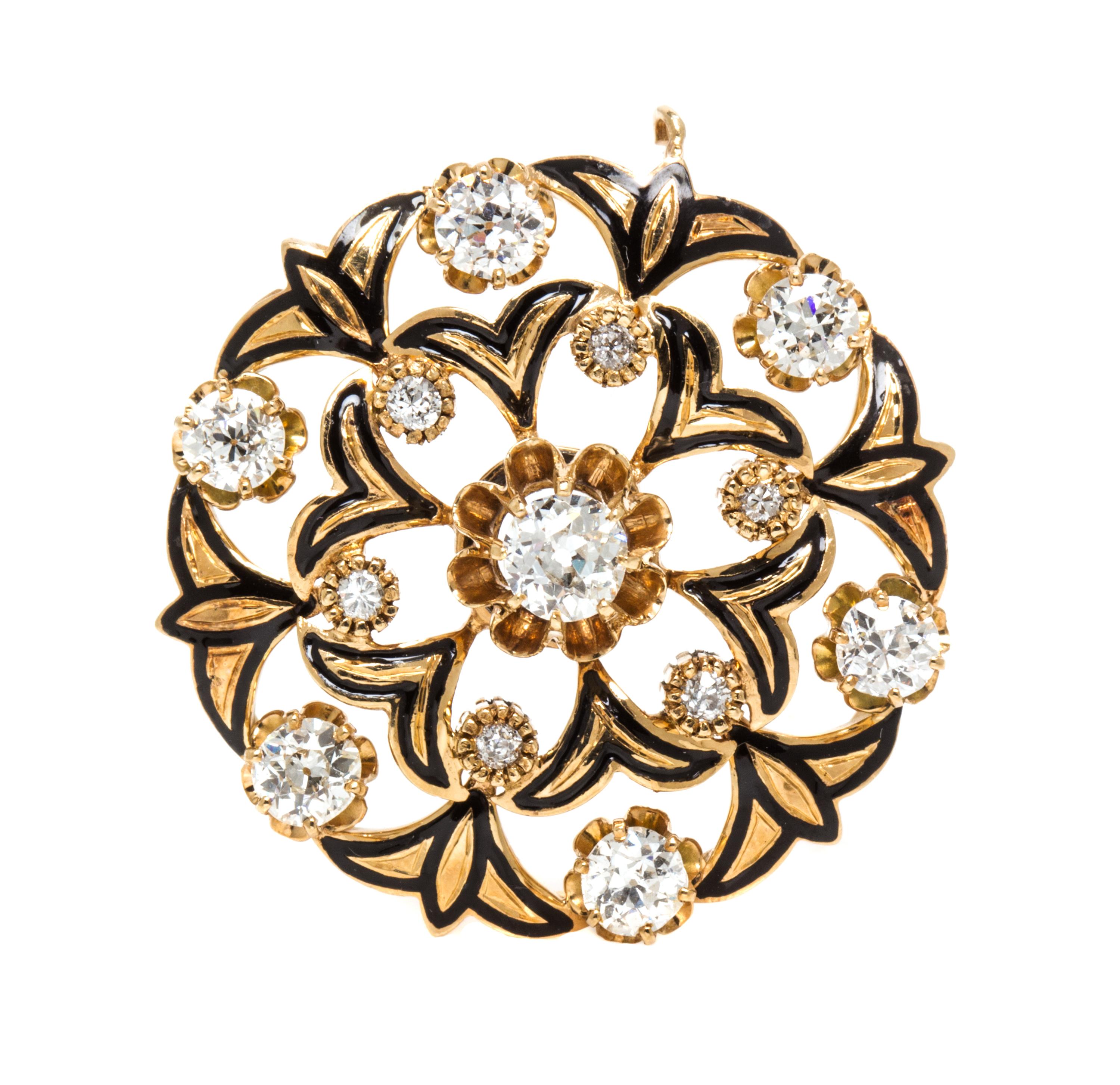 A Victorian 14 Karat Yellow Gold Diamond and Enamel Brooch, 8.50 dwts.