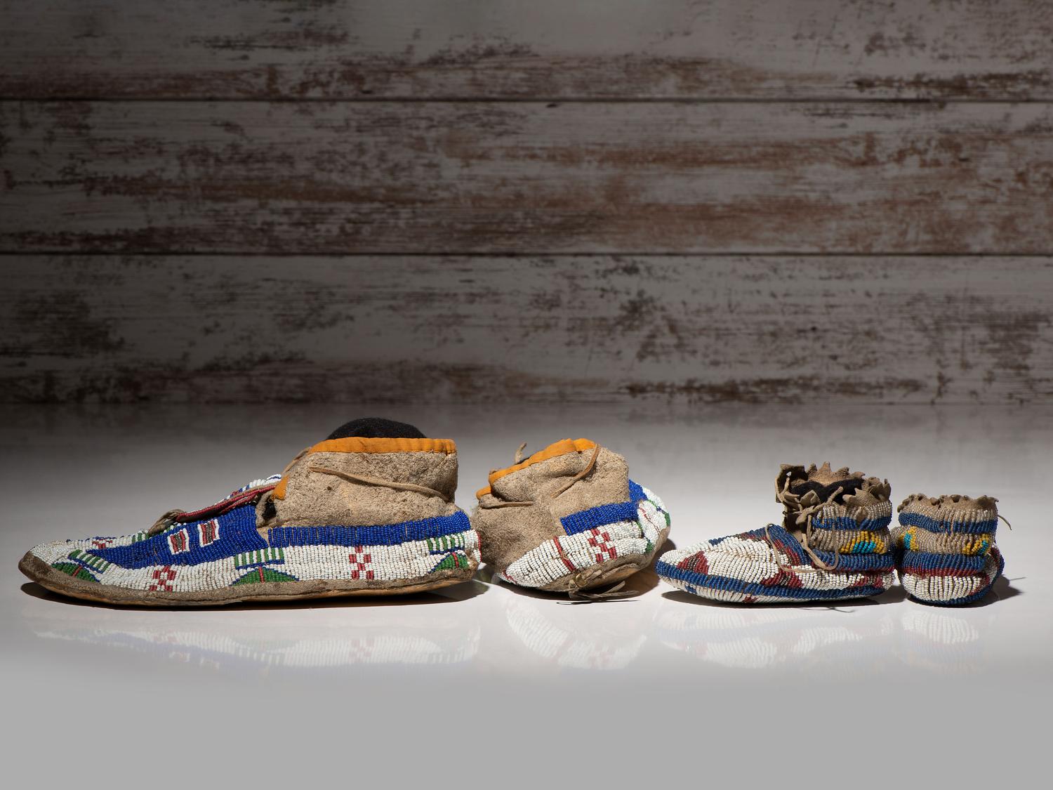 Sioux Beaded Hide Moccasins, with Fully Beaded Child's Pair