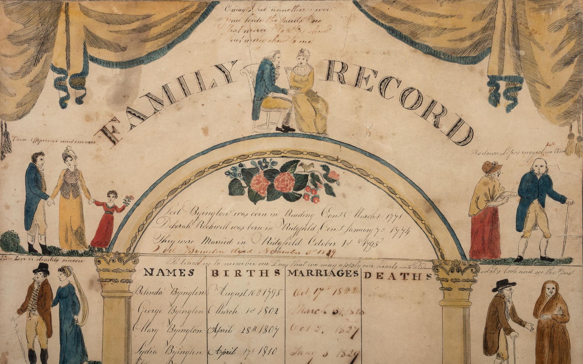 An Unusually Large Watercolor and Penwork Family Record, 19th Century