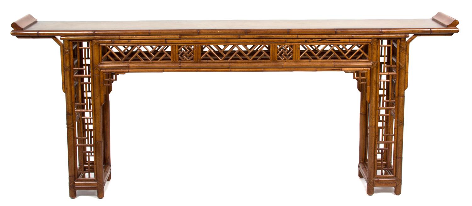 A Faux Bamboo Altar Table Height 34 1/2 x length 86 1/2 x depth 14 1/2 inches. — 20TH CENTURY