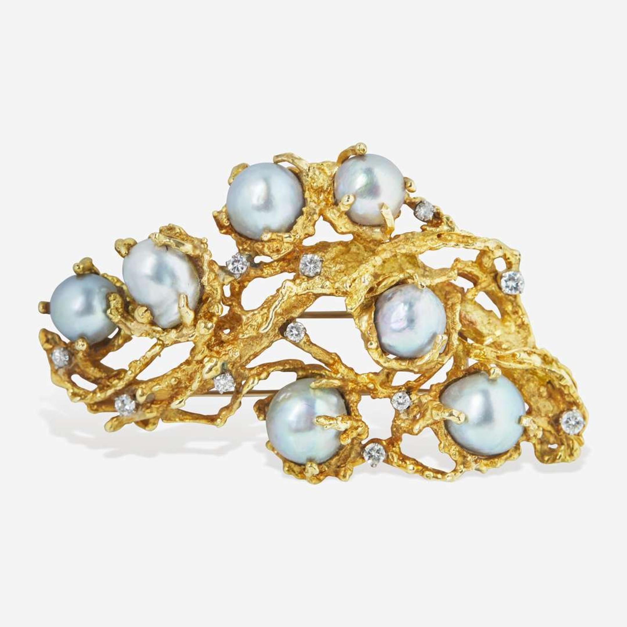 An 18K Yellow Gold, Pearl, and Diamond Brooch Brutalist, c.1980