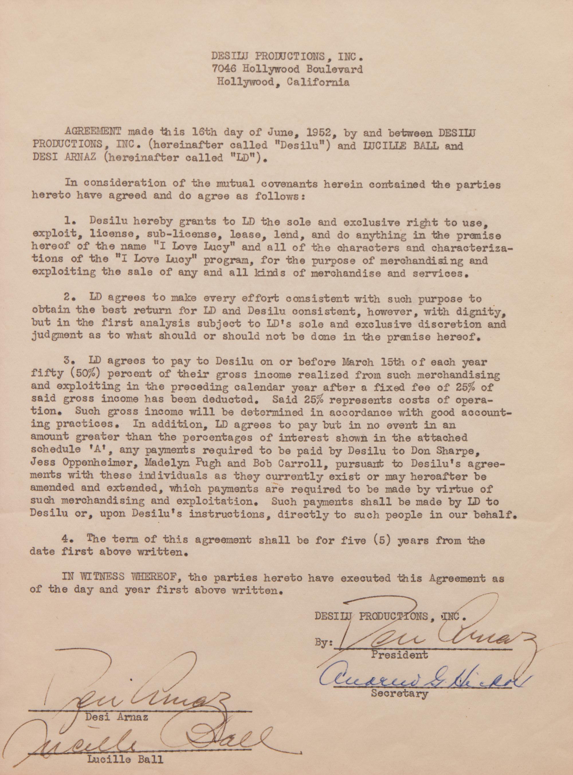 [Entertainment] Ball, Lucille, and Desi Arnaz. Typed Contract, signed