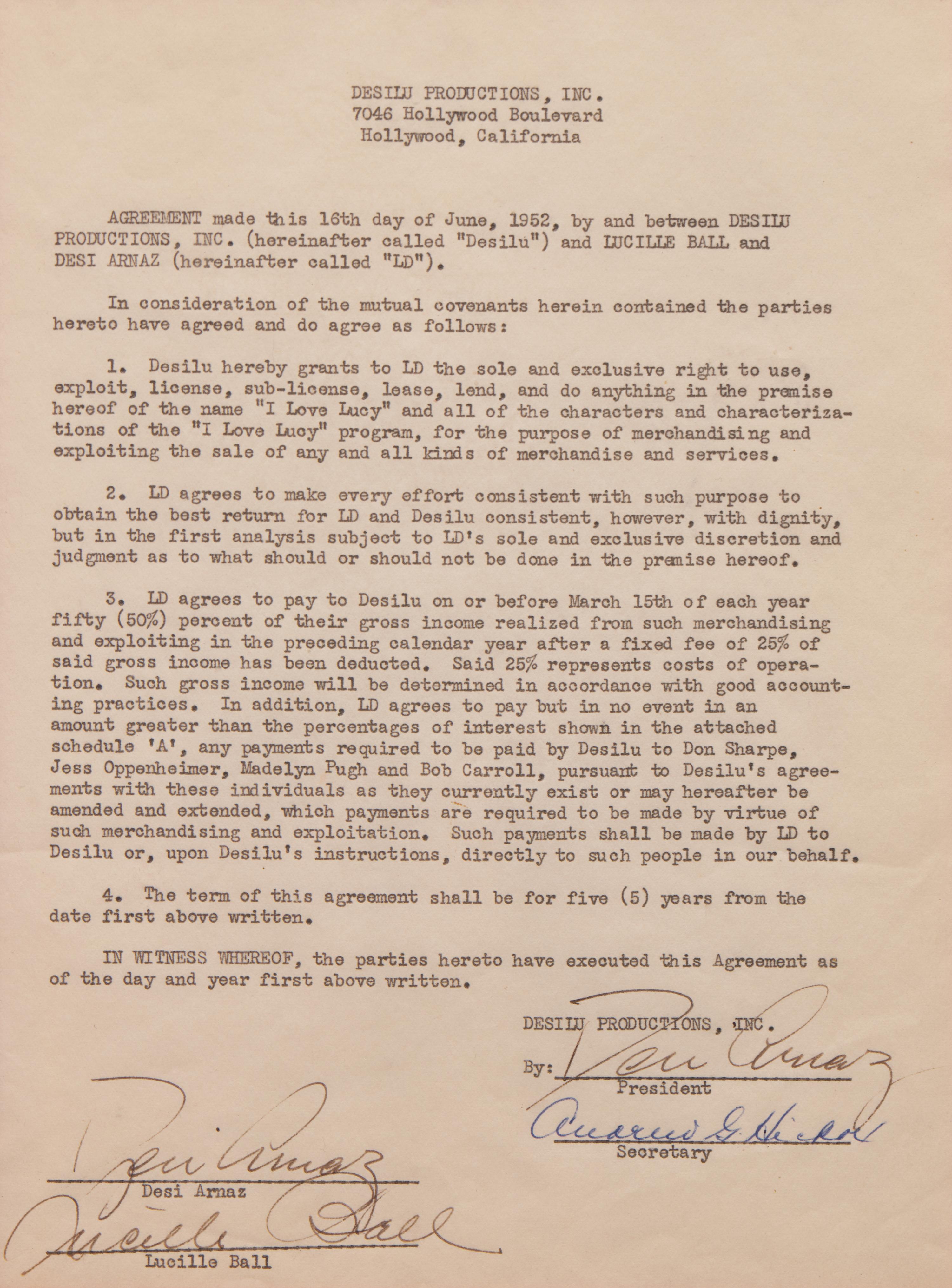 [Entertainment] Ball, Lucille, and Desi Arnaz. Typed Contract, signed