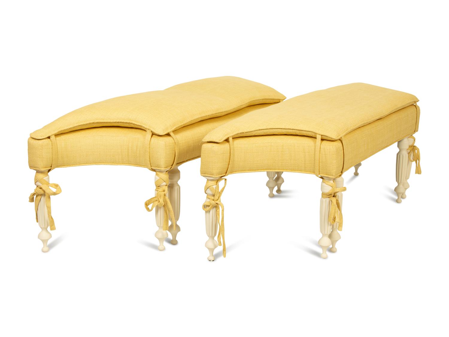 A Pair of Regency Style White Painted Benches with Yellow Linen Upholstered Seats — 20TH/21ST CENTURY