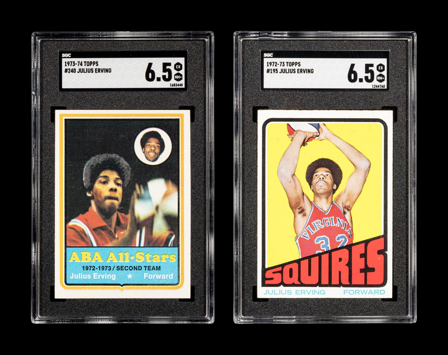 A 1972 Topps Julius Erving Rookie Basketball Card No. 195 (SGC 6.5 EX-NM+) and 1973 Topps All-Star Card No. 240 (SGC 6.5 EX-NM+)
