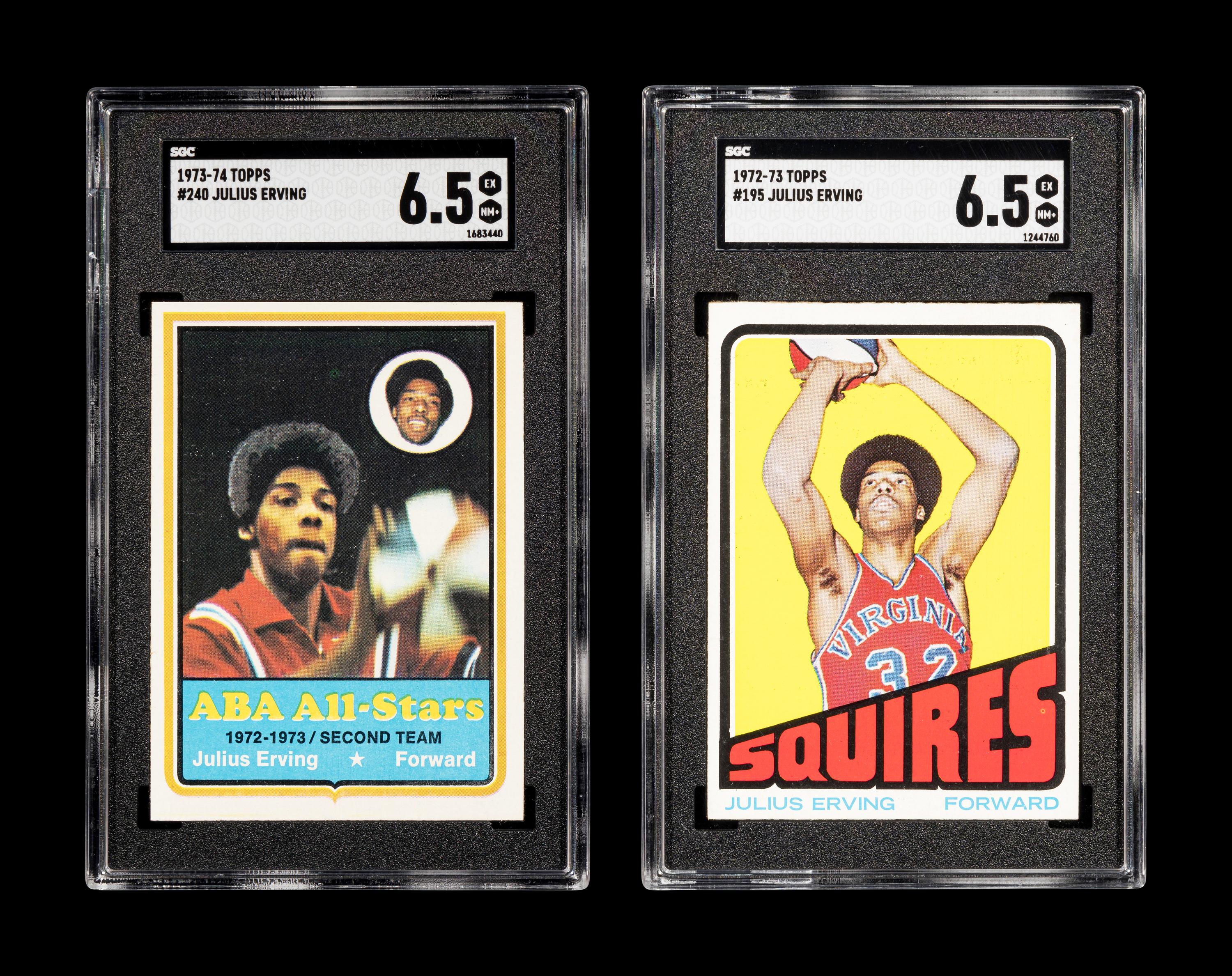 A 1972 Topps Julius Erving Rookie Basketball Card No. 195 (SGC 6.5 EX-NM+) and 1973 Topps All-Star Card No. 240 (SGC 6.5 EX-NM+)