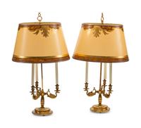 A Pair of Empire Style Gilt Metal Three-Light Candelabra Lamps