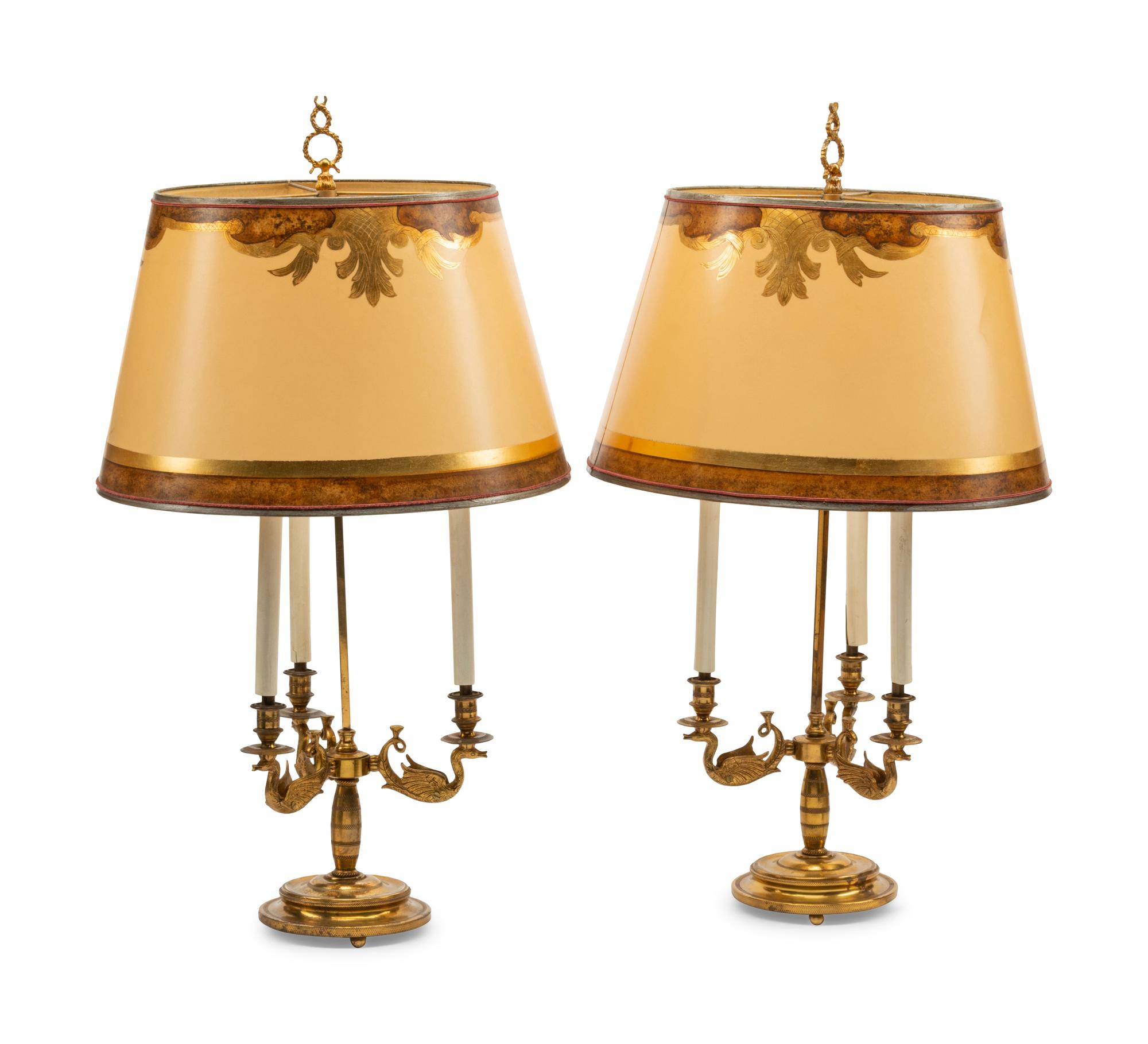 A Pair of Empire Style Gilt Metal Three-Light Candelabra Lamps