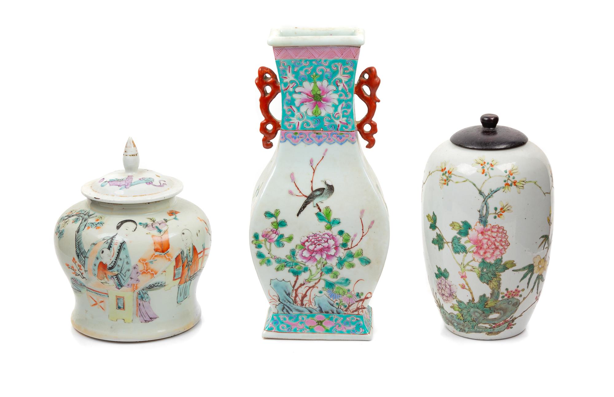 Three Chinese Famille Rose Porcelain Articles Height of tallest 11 7/8 inches. — LATE 19TH-20TH CENTURY