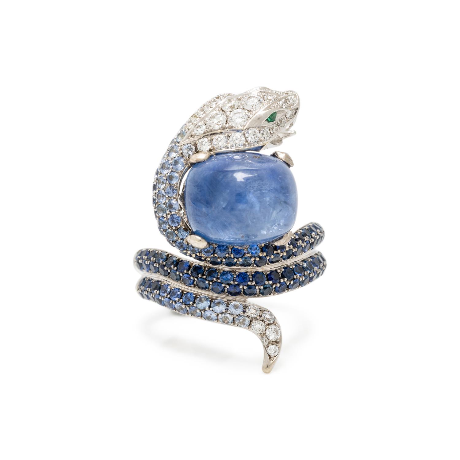SAPPHIRE, DIAMOND, AND WHITE GOLD SNAKE RING