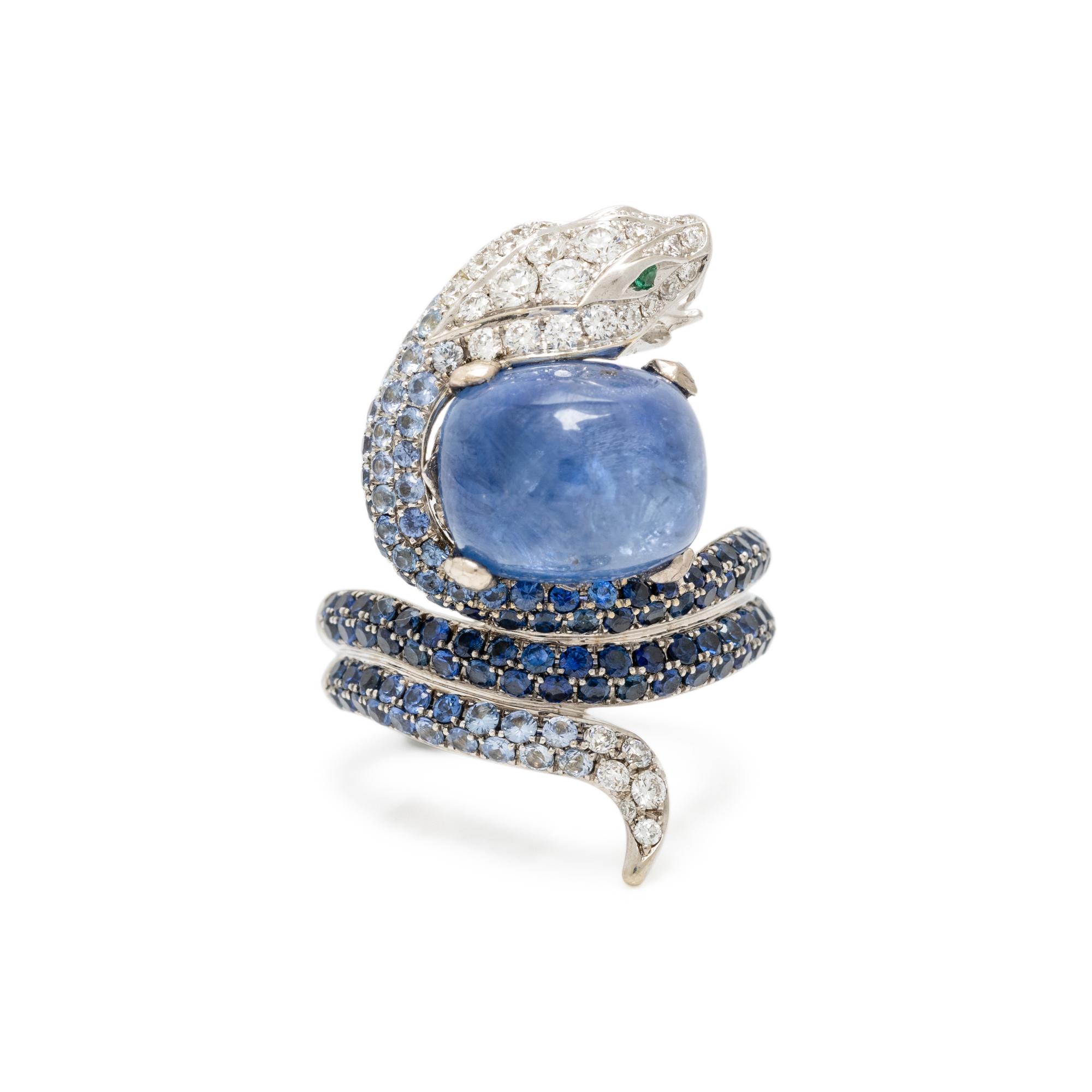 SAPPHIRE, DIAMOND, AND WHITE GOLD SNAKE RING