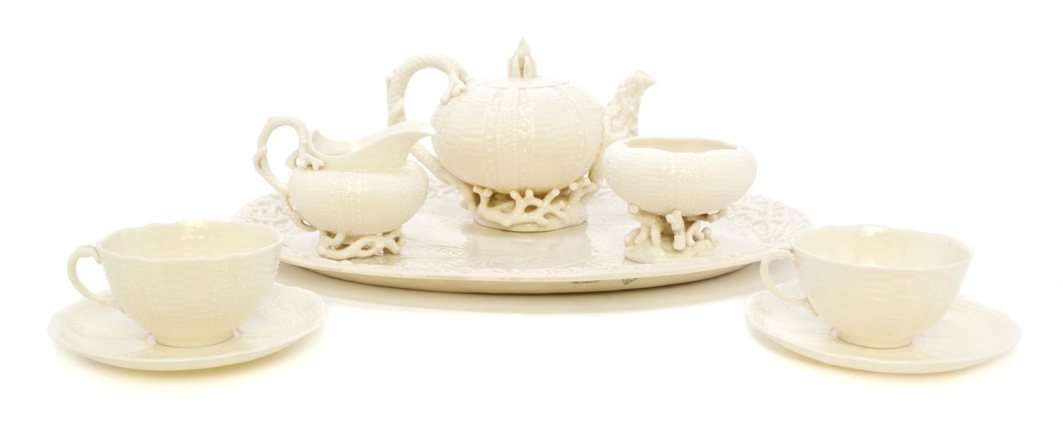 An Assembled Belleek Echinus Tea Service, Width of tray 15 1/2 inches.