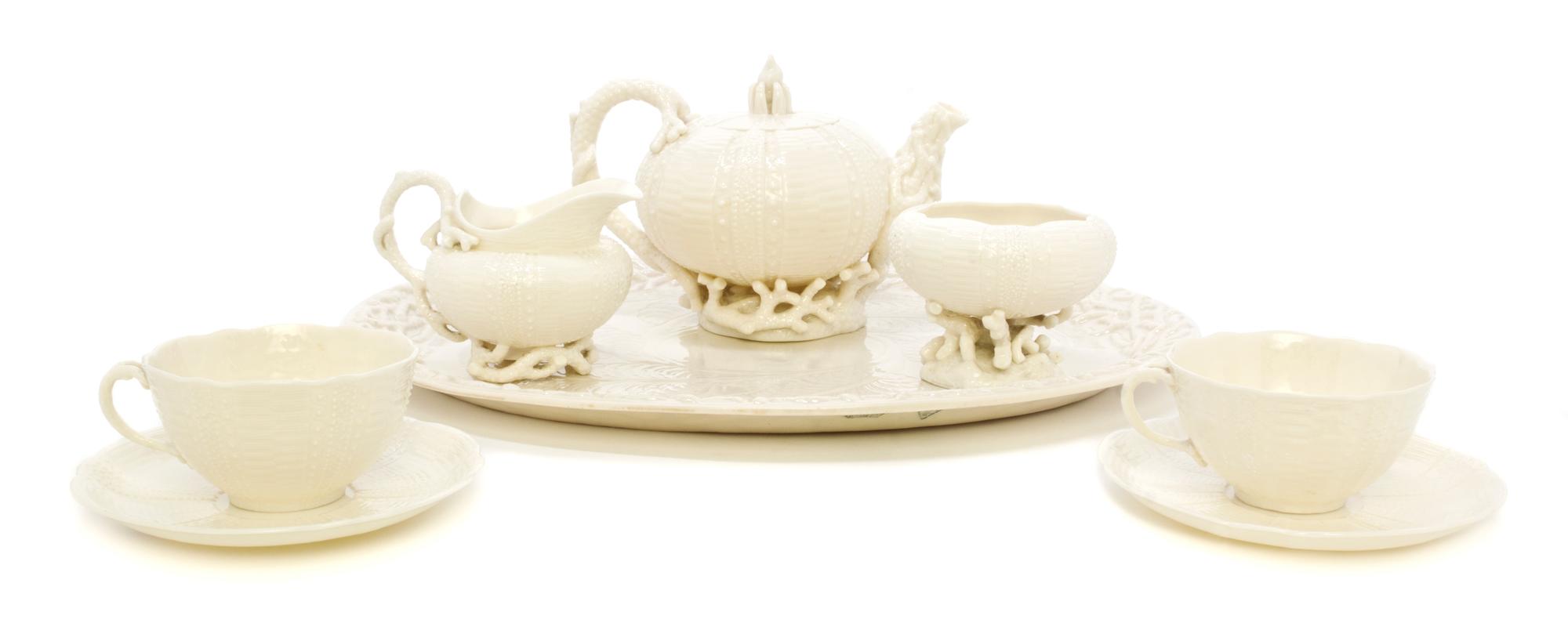 An Assembled Belleek Echinus Tea Service, Width of tray 15 1/2 inches.