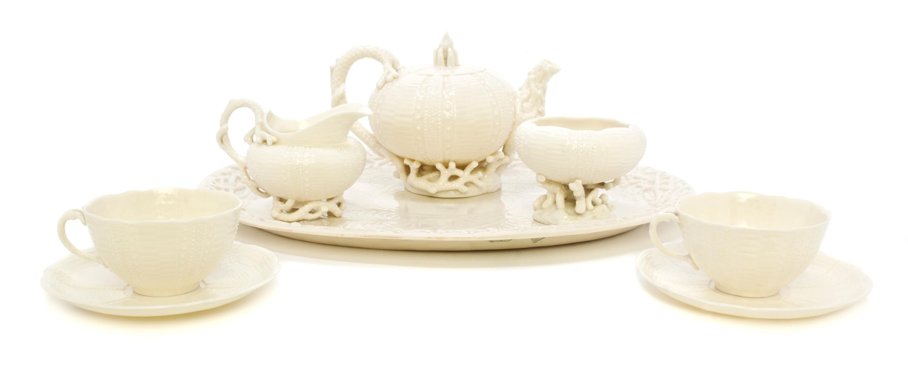 An Assembled Belleek Echinus Tea Service, Width of tray 15 1/2 inches.