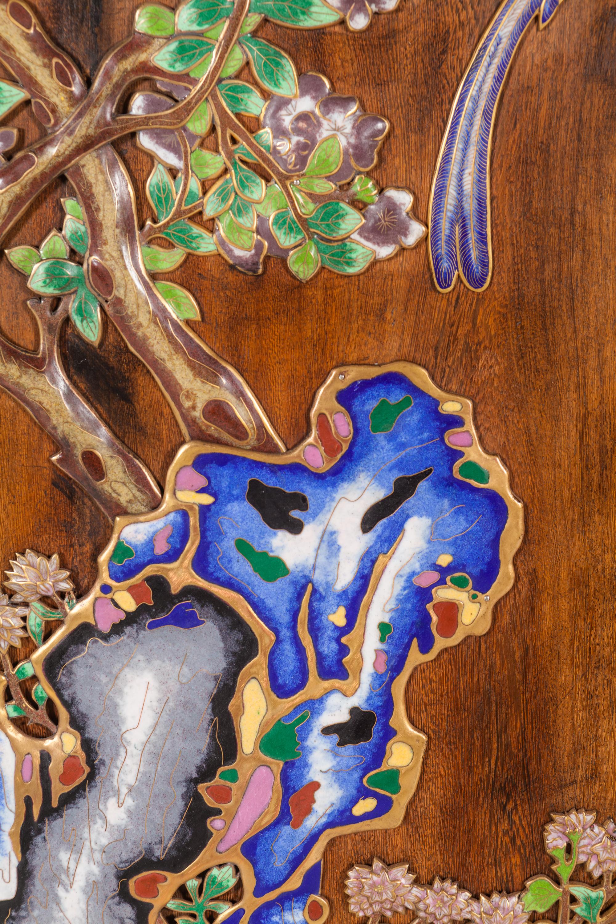 A Set of Four Chinese Export Cloisonné Inset Wood Wall Panels