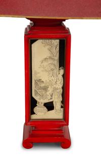 A Pair of Chinese Style Reverse-Decorated Glass and Red-Painted Table Lamps
