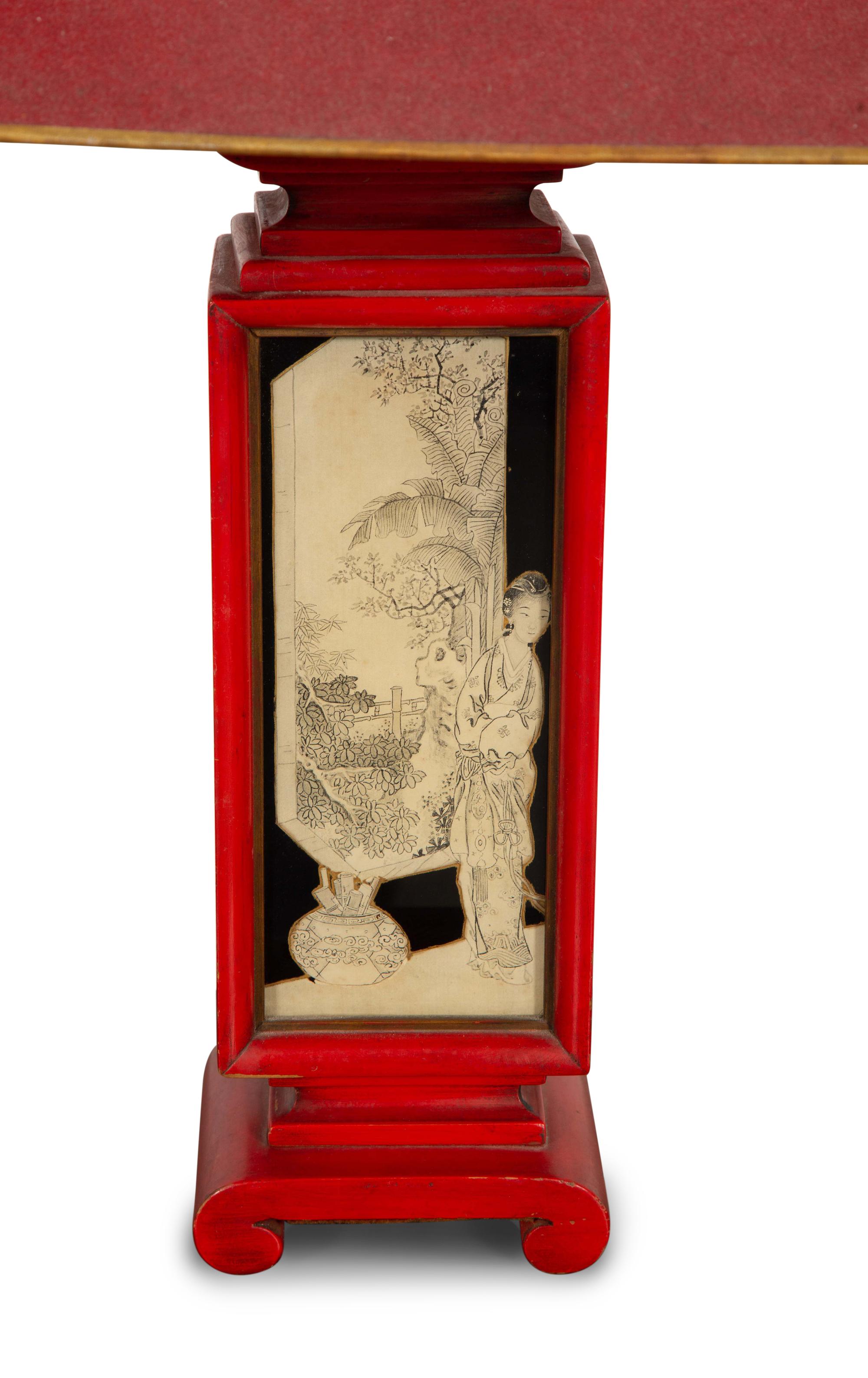 A Pair of Chinese Style Reverse-Decorated Glass and Red-Painted Table Lamps