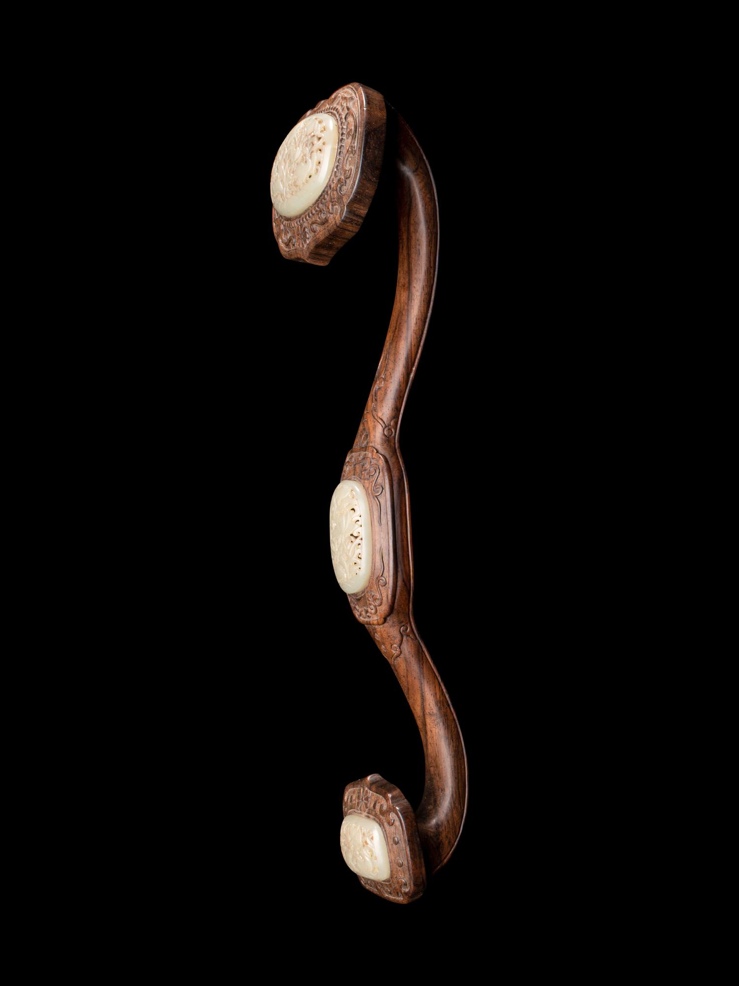 A Pair of Celadon Jade Inset Wood Ruyi Scepters