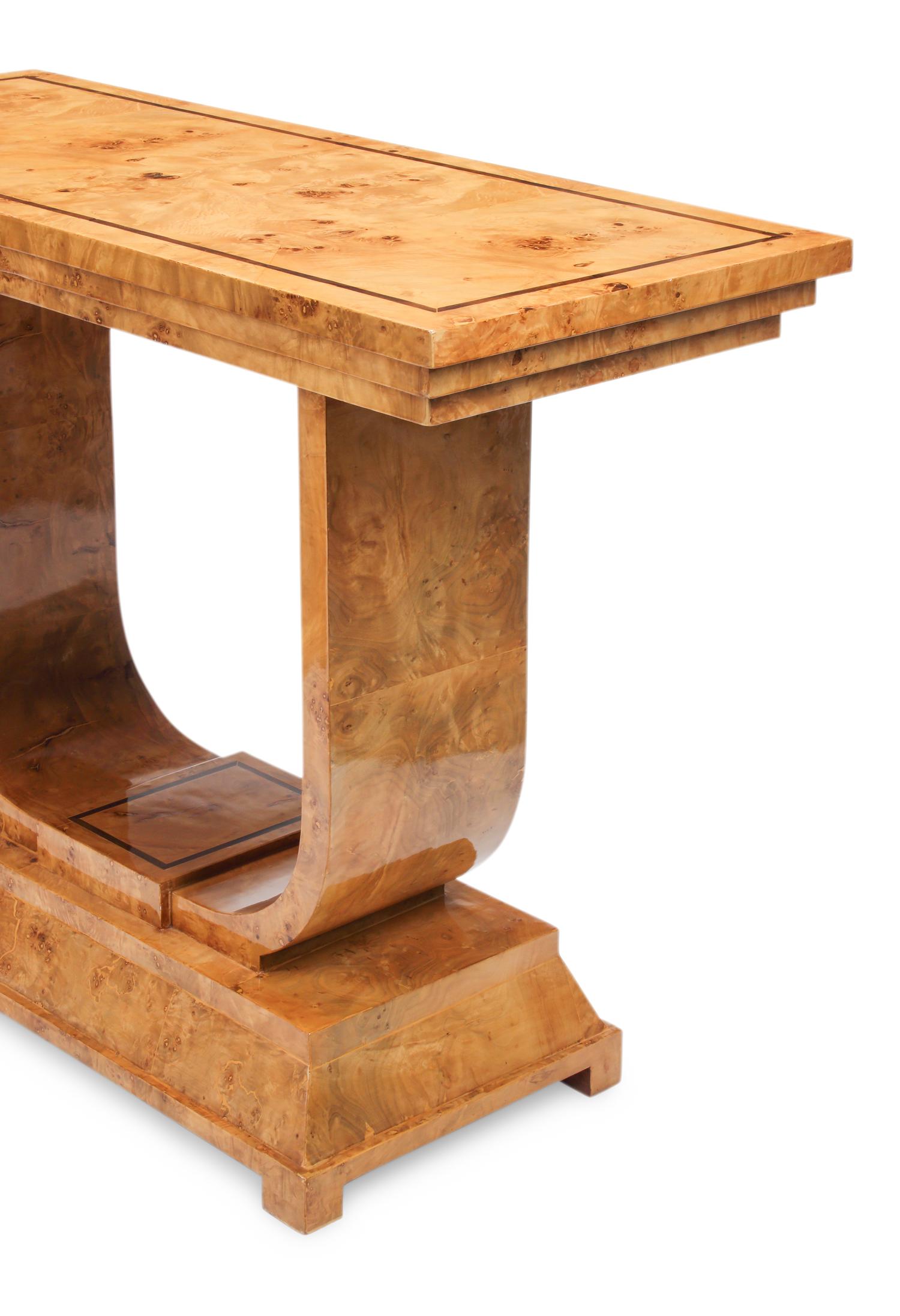 A Pair of Art Deco Style Burl Walnut Console Tables