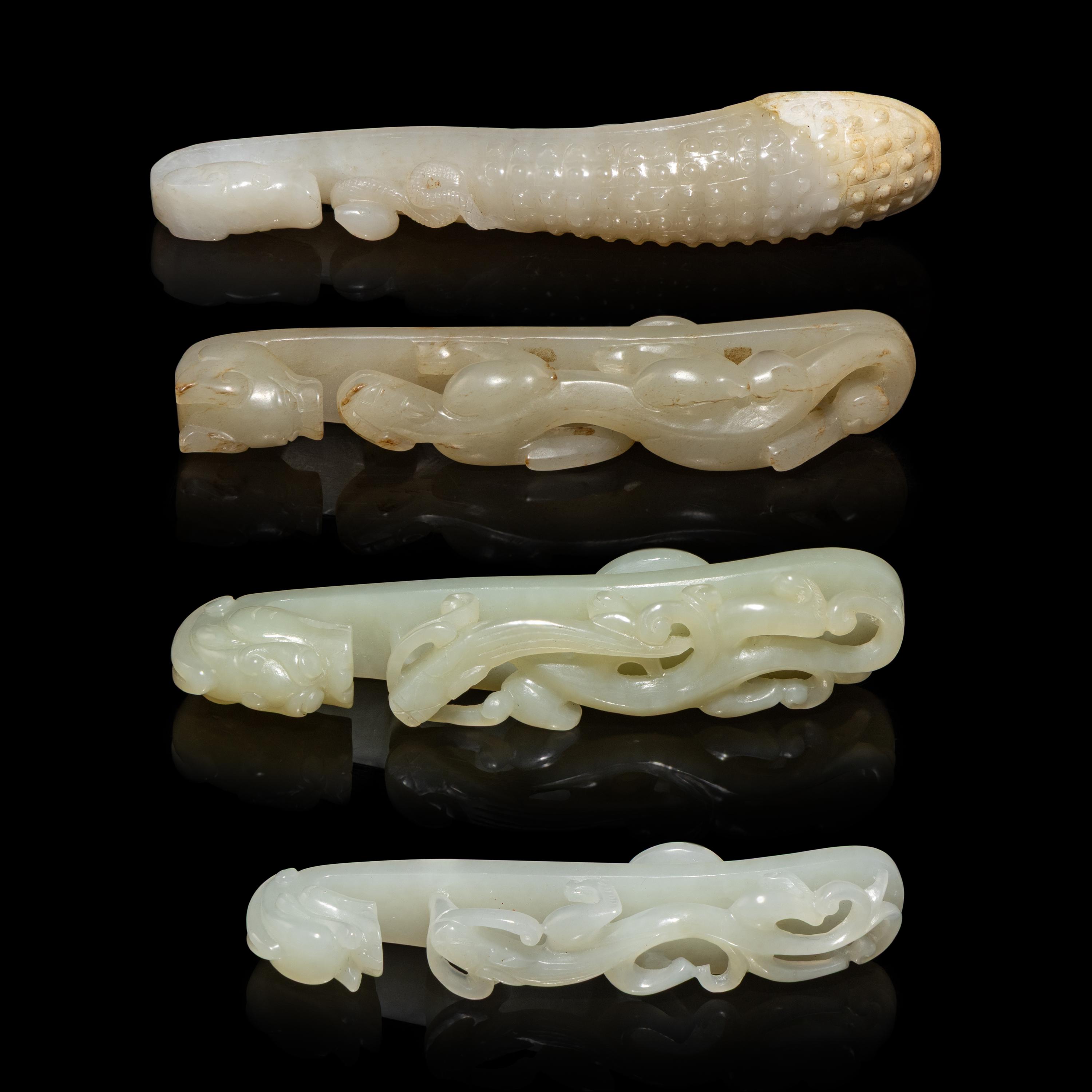 Four Chinese Pale Celadon Jade 'Dragon' Belt Hooks, Daigou — 青白玉龍鈎四枚