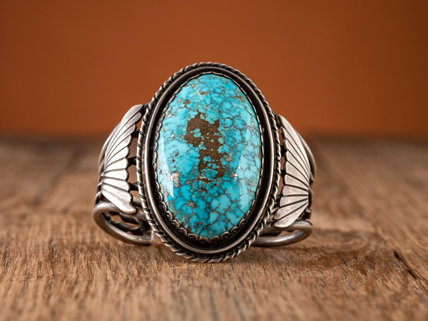 Navajo Silver Cuff Bracelet, with Large Natural Turquoise Stone