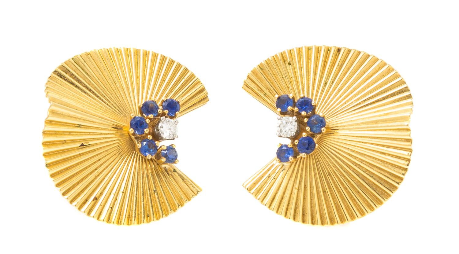 A Pair of Retro 18 Karat Yellow Gold, Diamond and Sapphire Earclips, 7.90 dwts.