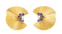 A Pair of Retro 18 Karat Yellow Gold, Diamond and Sapphire Earclips, 7.90 dwts.