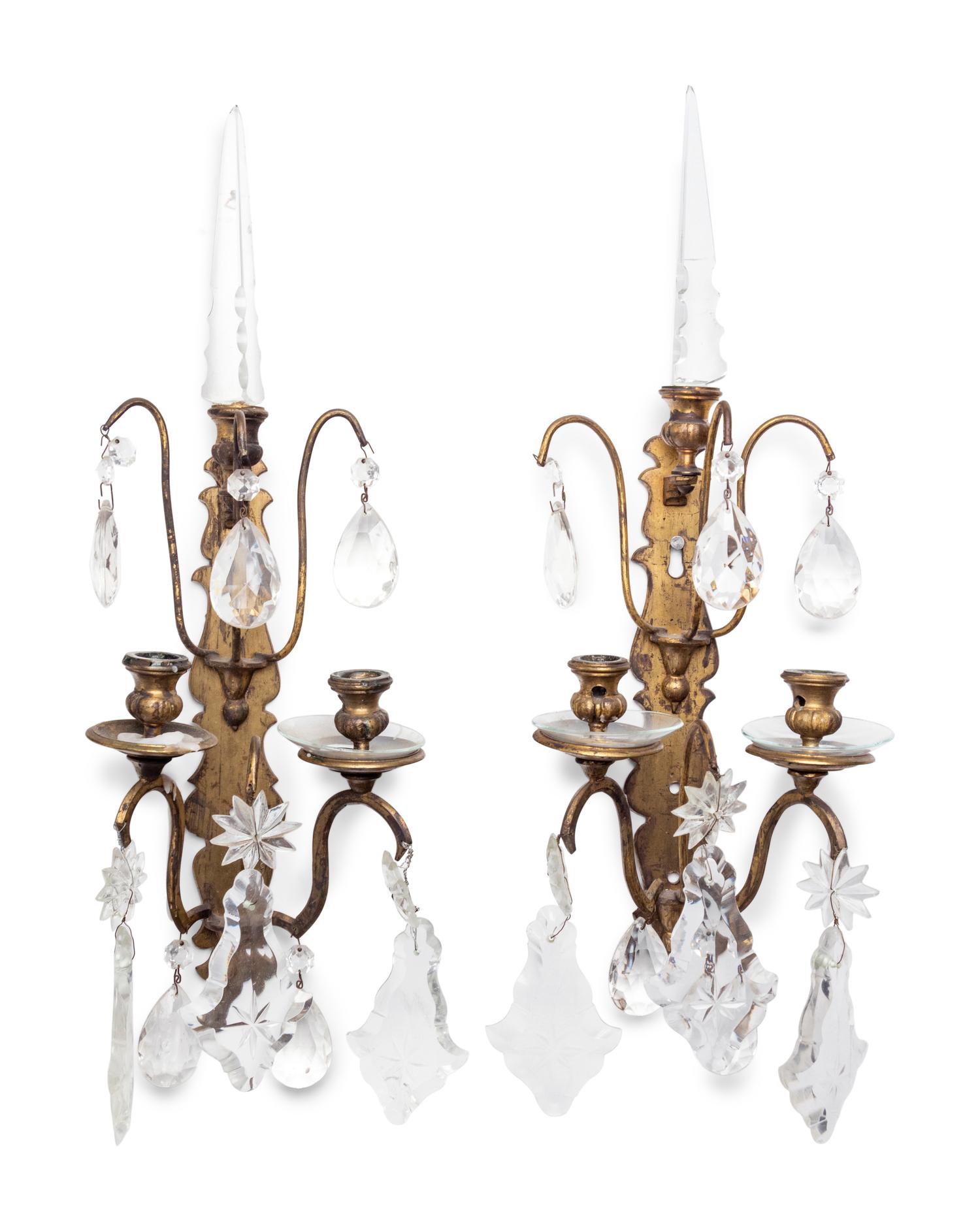 A Pair of French Gilt Bronze and Glass Two-Light Sconces