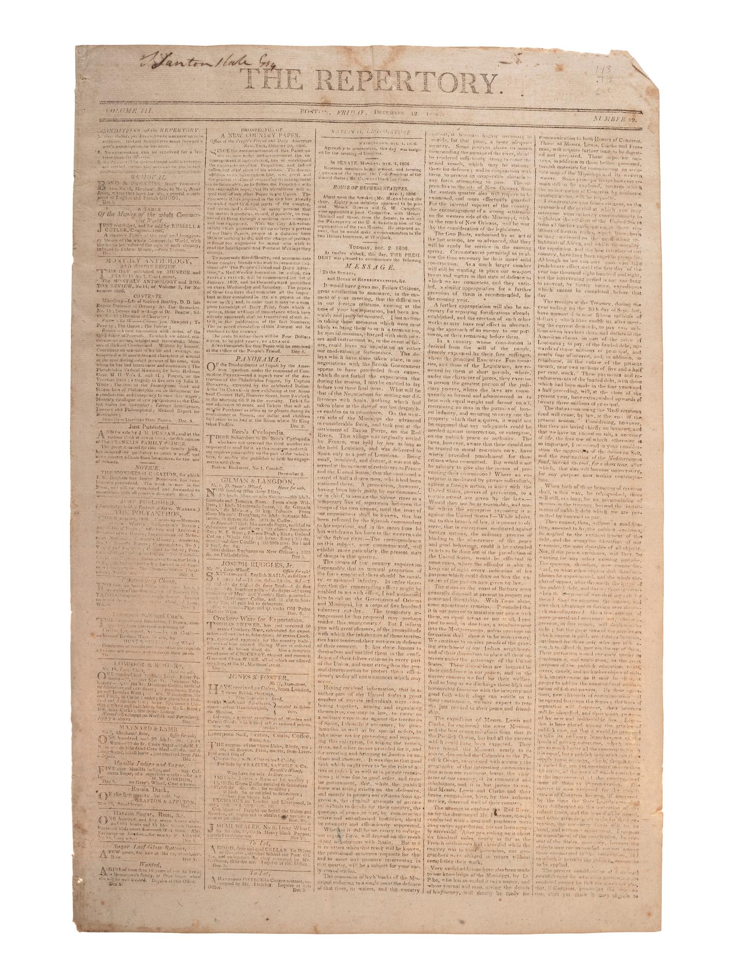 [POLITICS - JEFFERSON, Thomas (1743-1826)]. The Repertory. Boston, 12 December 1806.