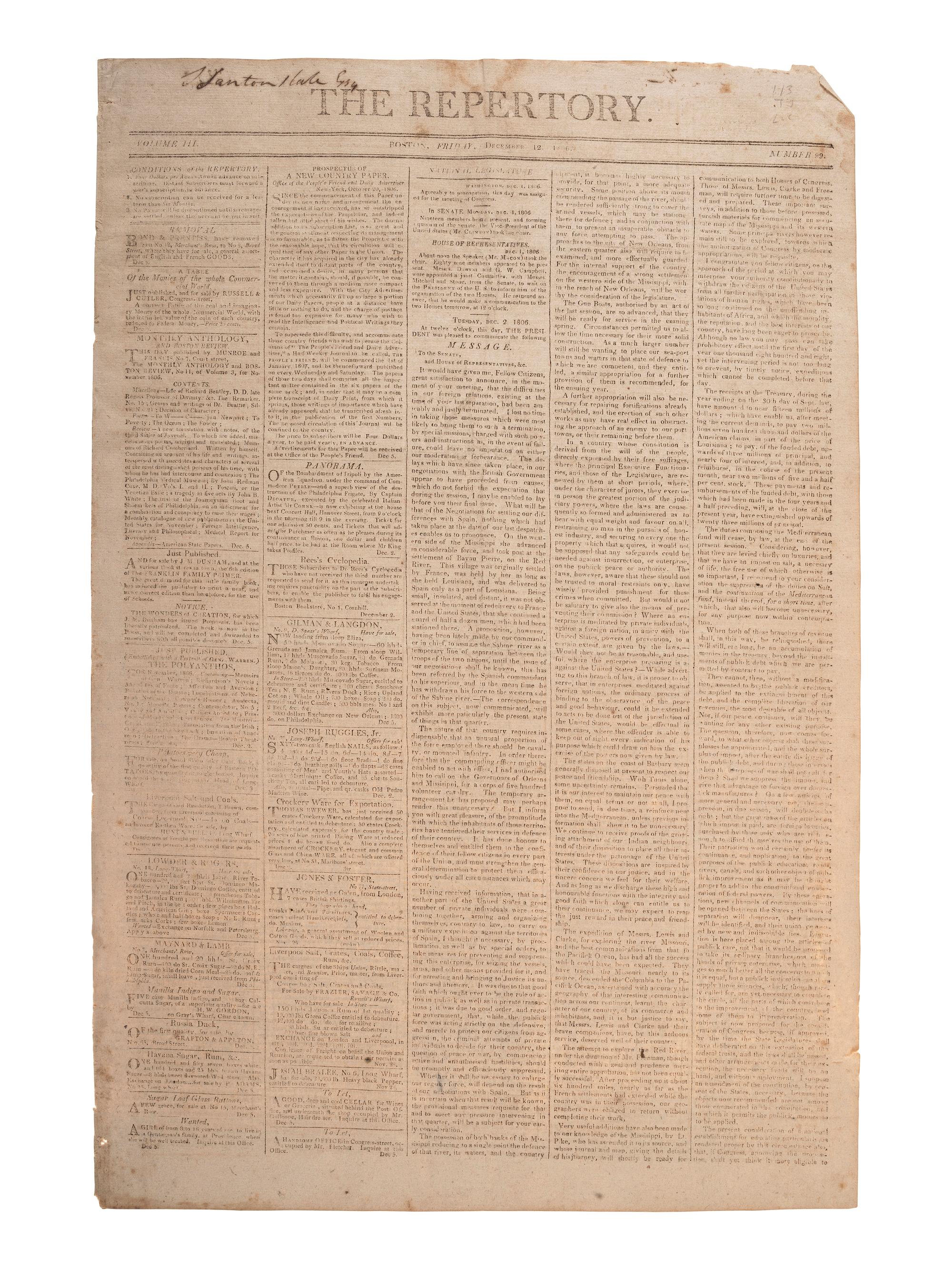 [POLITICS - JEFFERSON, Thomas (1743-1826)]. The Repertory. Boston, 12 December 1806.