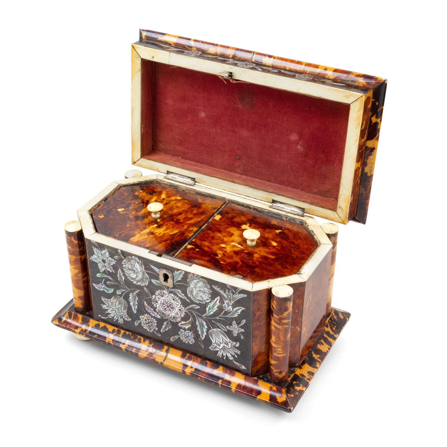 A Victorian Silver Inlaid Tortoise Shell Tea Caddy Height 6 x width 8 1/4 x depth 4 3/4 inches. — 19TH CENTURY