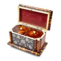 A Victorian Silver Inlaid Tortoise Shell Tea Caddy Height 6 x width 8 1/4 x depth 4 3/4 inches. — 19TH CENTURY