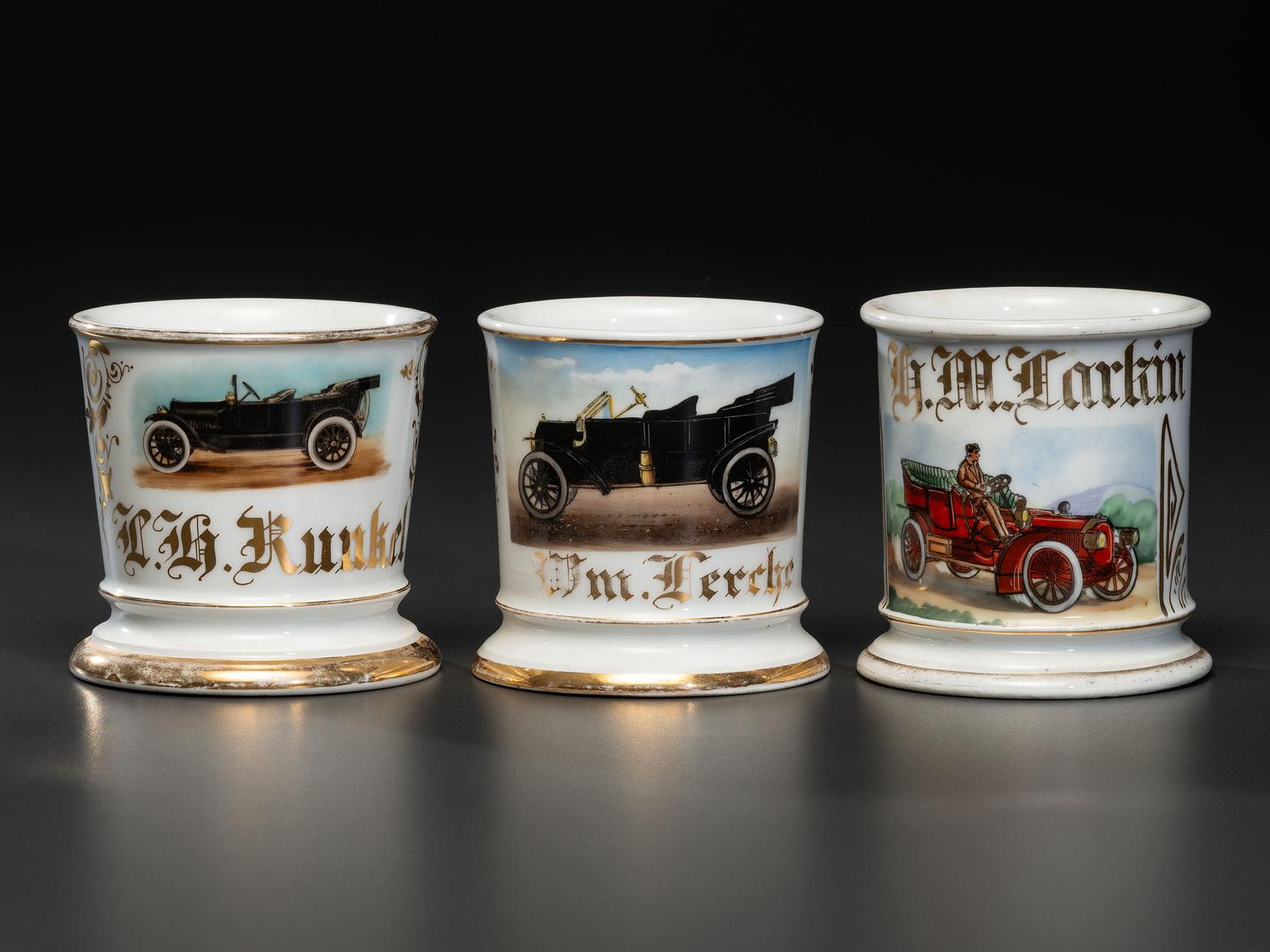 Three Porcelain Shaving Mugs Depicting Open Touring Automobiles