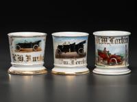 Three Porcelain Shaving Mugs Depicting Open Touring Automobiles
