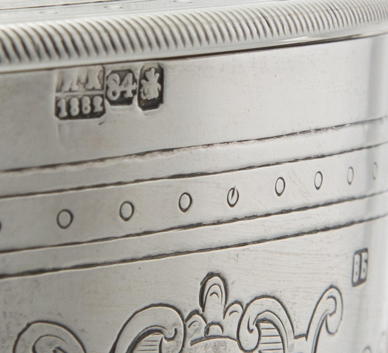 A Russian Silver Tankard, Likely Mark of Vasily Baladonov, Assay of Ivan Konstantinov, Moscow, 1882, the handled baluster form body rai