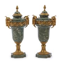 A Pair of Louis XVI Style Gilt Metal Mounted Marble Urns