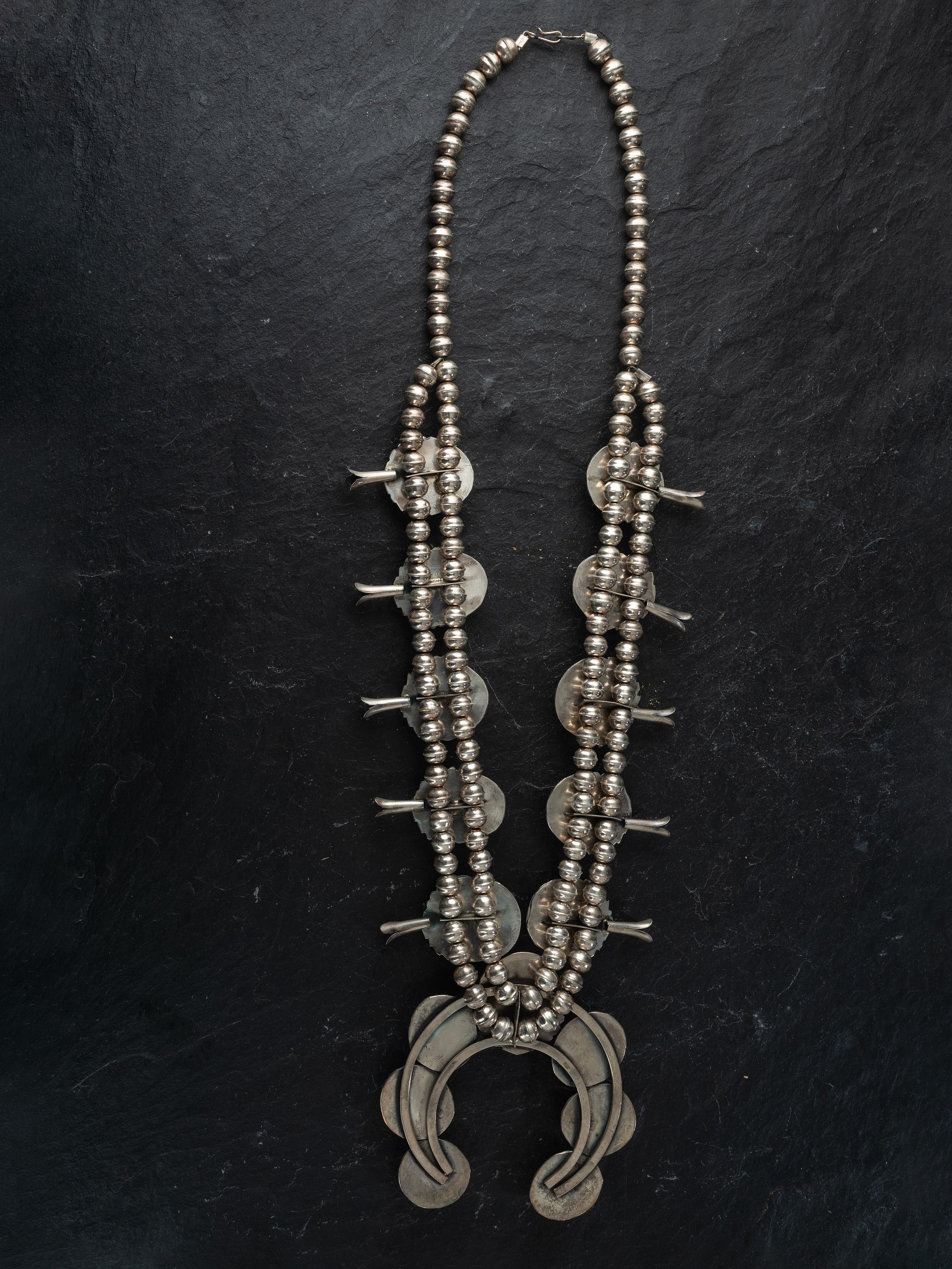 Navajo Silver and Turquoise Squash Blossom Necklace